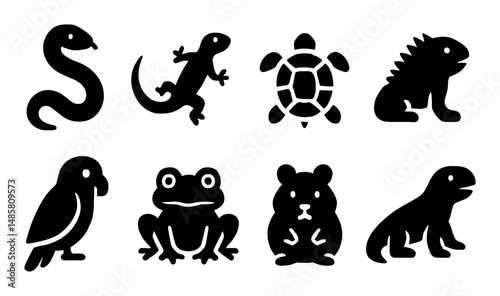 Silhouette icons: snake, lizard, turtle, iguana, parrot, frog, hamster
