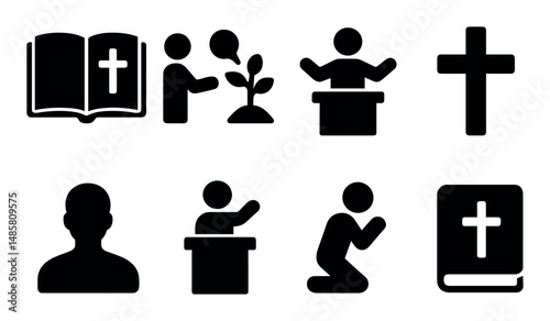 Christian symbols: worship, bible, prayer, cross icons collection