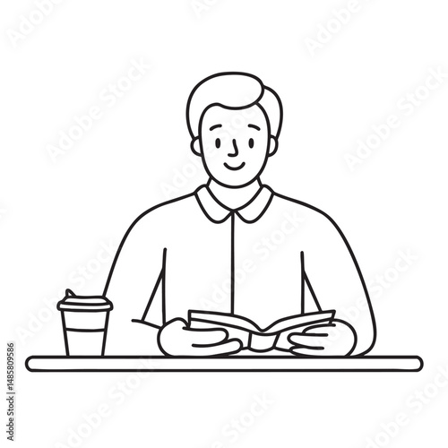 A teacher reading a notebook beside a cup on the table