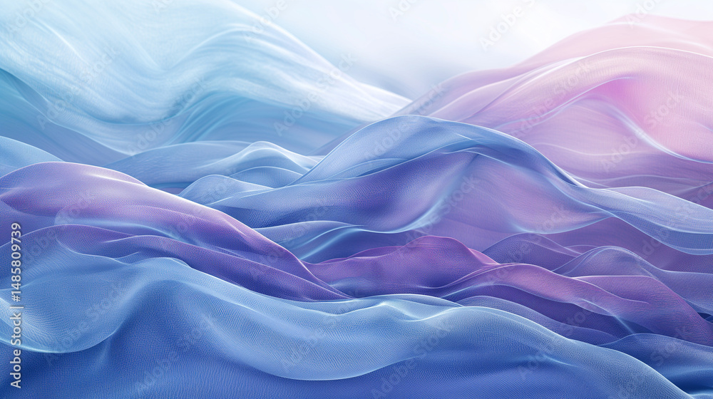 Obraz premium Minimalist abstract gradient waves in soft blue and lavender tones, smooth flowing lines, no objects or text, ideal for calming desktop background, ultra HD render