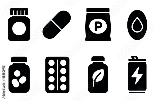 Black and white icons of pills bottles and medication containers