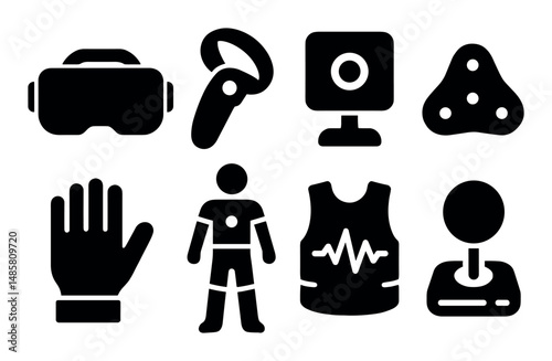 Virtual reality equipment icons with glove, camera, joystick