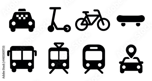 Eight black silhouette icons of various transportation modes