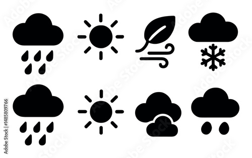 Weather icons: rain, sun, wind, snow in black and white style