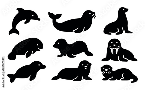 Silhouettes of marine mammals: dolphin, whale, seal, walrus