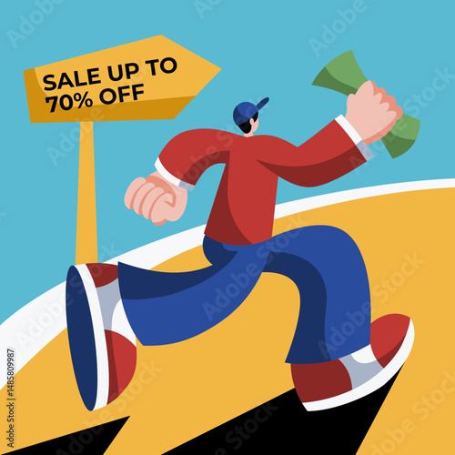 Illustration of a man running after a discount