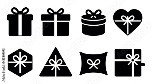 Various black gift box silhouettes with bows on white background