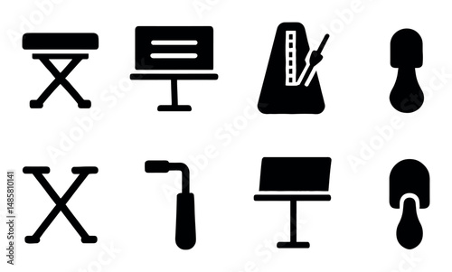 Simple black music icon set: metronome, stands, mute symbols