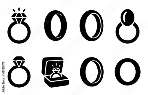 Black and white icon set of various rings and jewelry designs