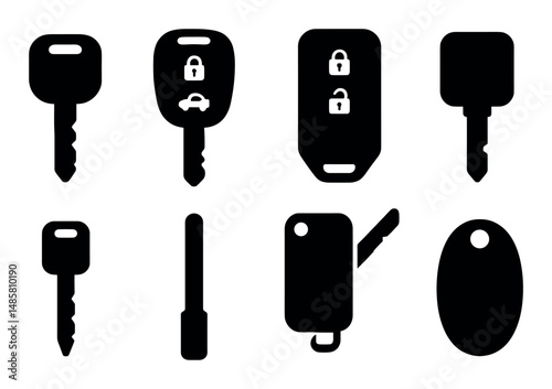 Various silhouettes of car and door keys on white background