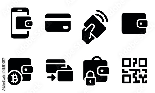 Digital payment icons: wallets, cards, qr codes, cryptocurrency