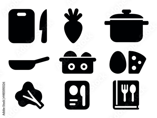 Black and white cooking icons: knife, carrot, pot, pan, recipe book