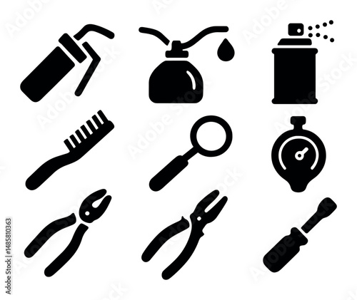 Black silhouette icons of tools and equipment for various uses