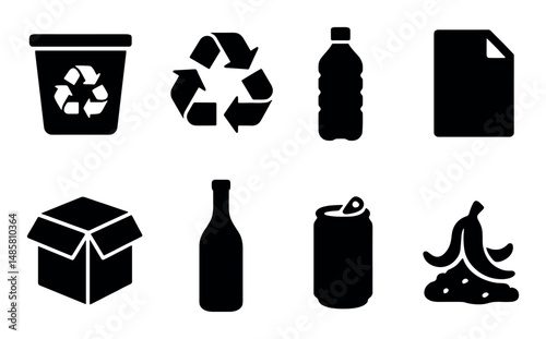 Recycling icons: bin, bottle, paper, box, glass, can, compost