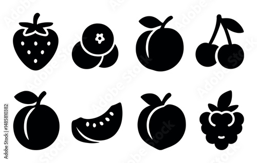 Silhouette icons of various fruits in simple black and white