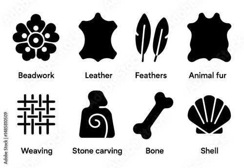 Native american craft materials icons: beadwork, leather, shell