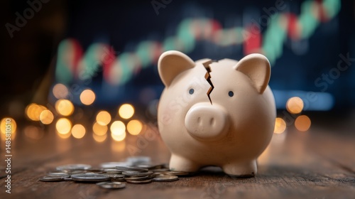 Broken piggy bank with coins and blurred financial chart background representing savings failure and economic downturn