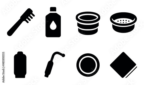 Silhouette icons: toothbrush, bottle, bowls, strainer, lid, napkin
