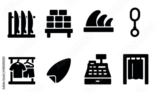 Surf shop icon set: boards, clothing, register, fins, accessories