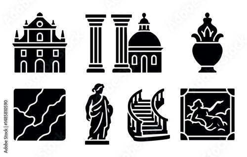 Classical architecture and art: statues, columns, and vases