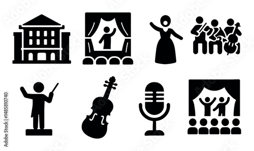 Theater icons set: stage, performers, instruments, microphone