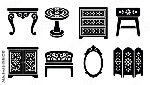 Elegant black silhouette furniture set with intricate designs