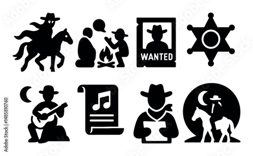 Silhouette icons of cowboys and western themes and activities