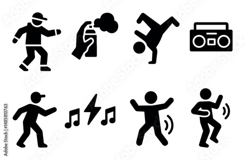 Hip-hop dance icons: breakdancing, music, spray paint symbols