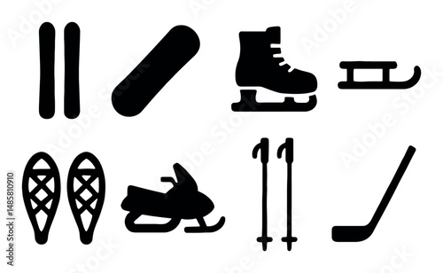 Winter sports equipment icons: skis, snowboard, ice skate, sled