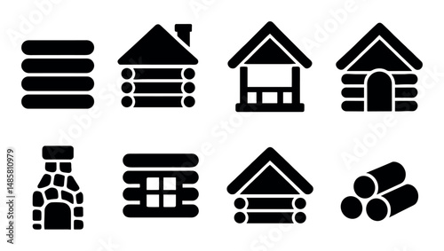 Log cabin icons set: chimney, porch, window, woodpile illustrations