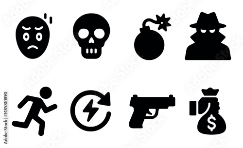 Crime symbols set: skull, gun, bomb, thief, money bag, running