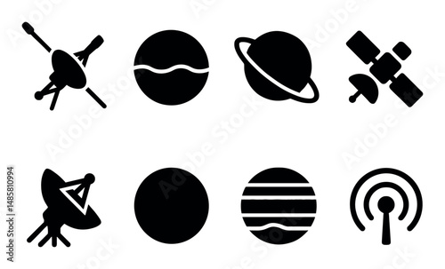 Space exploration icons: satellites, planets, antennas, signals