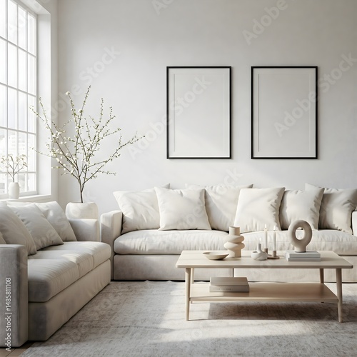 Frame mockup, ISO A paper size. Living room wall poster mockup. Interior mockup with house background. Modern interior design. 3D render 