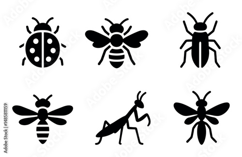 Silhouette icons of insects: ladybug, bee, cockroach, mantis, wasp