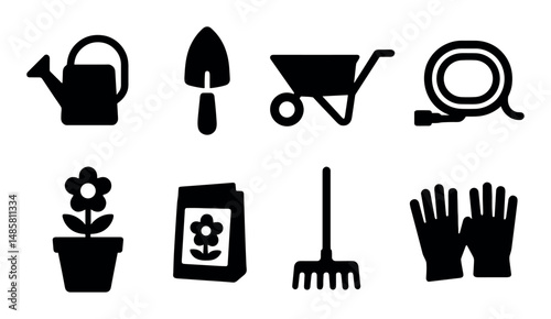 Gardening tools icons set with watering can, shovel, and more