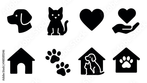 Collection of pet icon silhouettes: dog, cat, heart, home, paw