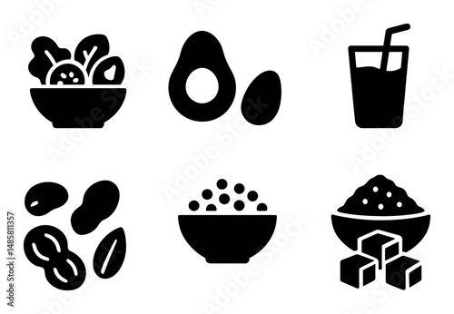Healthy food icons: salad, avocado, juice, nuts, grains, sugar