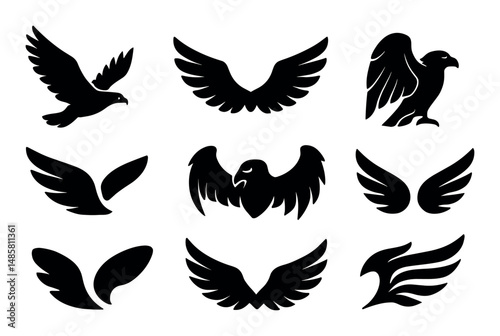 Set of nine black bird and wing silhouettes with varied designs