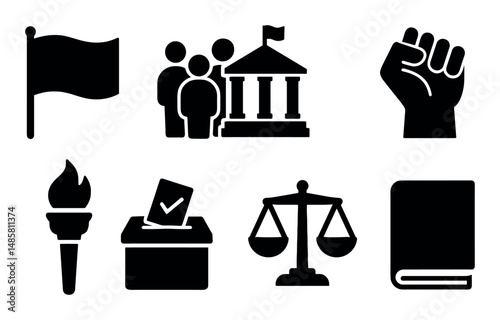 Icons of democracy: voting, justice, freedom, community, knowledge