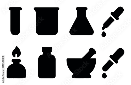 Chemistry equipment icons: test tubes, beaker, flask, dropper