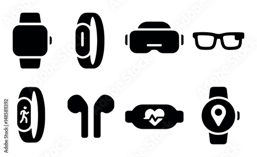 Silhouette icons: smartwatches, earbuds, fitness bands, vr goggles