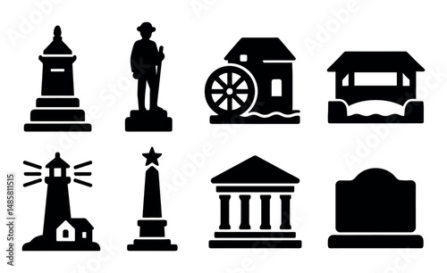 Silhouette icons of monuments and structures on white background