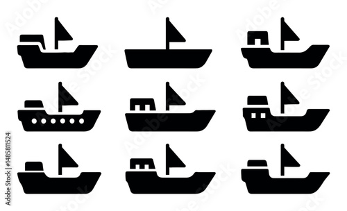 Set of eight silhouette ship icons with varied designs