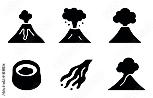 Set of six black volcano icons with smoke and lava elements