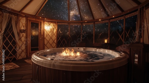 romantic hot tub under the stars in a glamping yurt photo