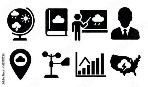 Weather education icons with male silhouette and data analysis