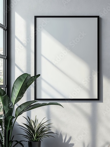 Indoor elegance: Framed canvas mockup with natural light and flora accentuation