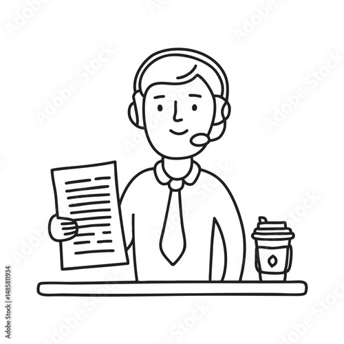 A telemarketer holding a script beside a coffee cup