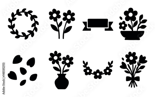 Floral icons set: wreaths, vases, bouquets, and petals silhouettes
