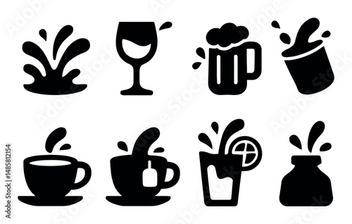 Collection of beverage icons: wine, beer, coffee, juice, splash